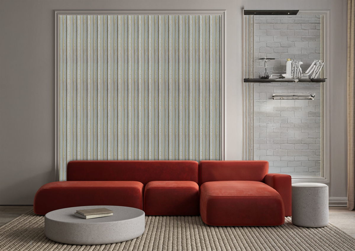 Light grey fluted louver with rose-gold foil flecks, Mystic Oxido MN 9546