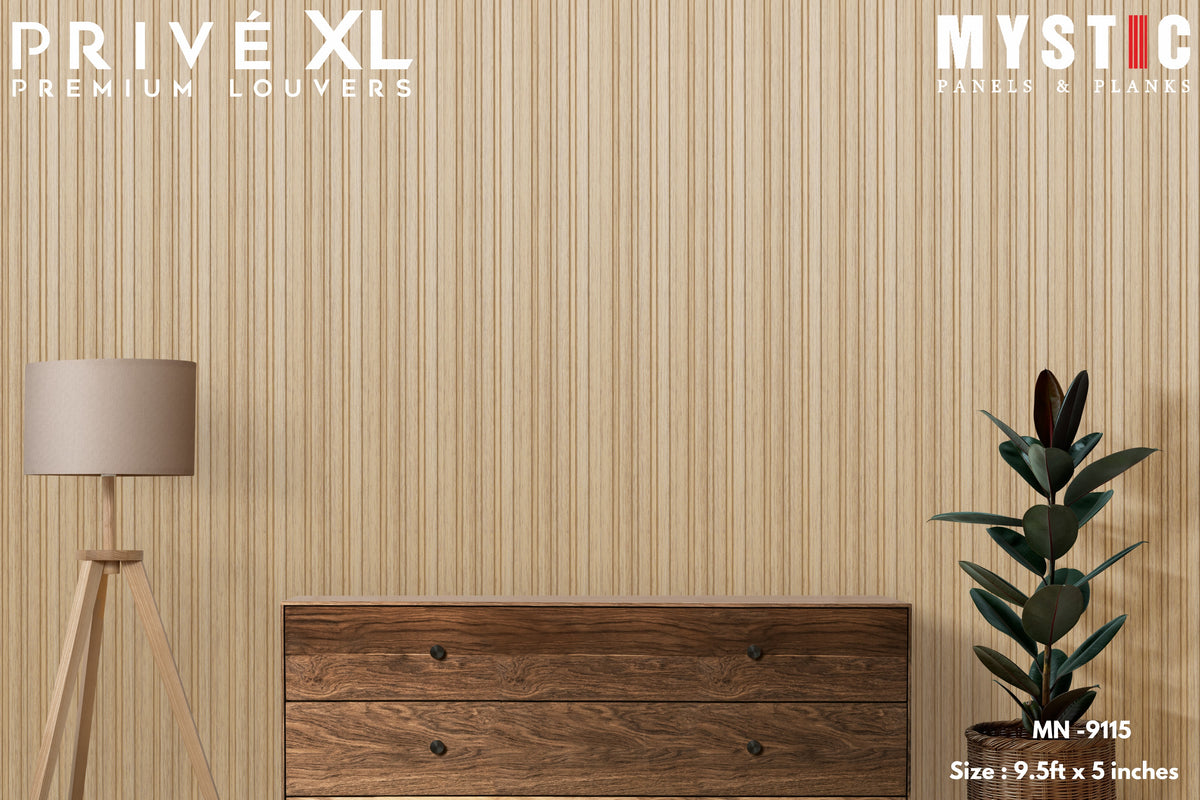 Two light oak wood-grain fluted louver planks MN-9115
