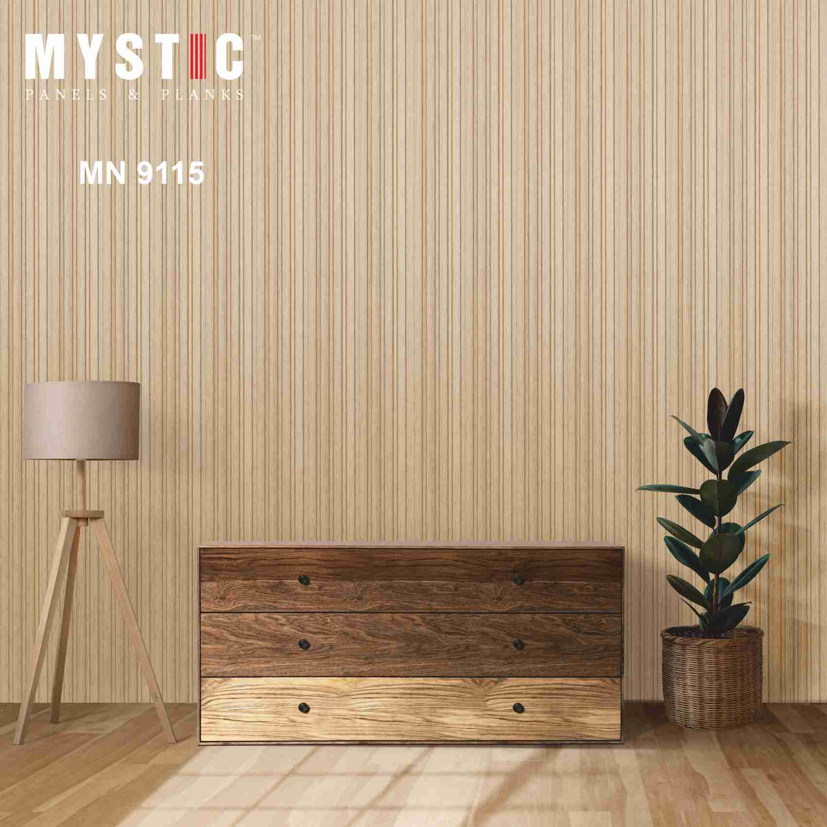 Two light oak wood-grain fluted louver planks MN-9115