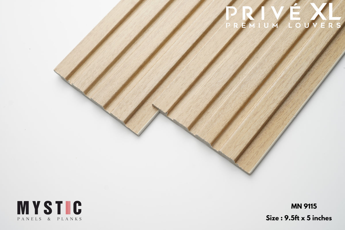 Two light oak wood-grain fluted louver planks MN-9115
