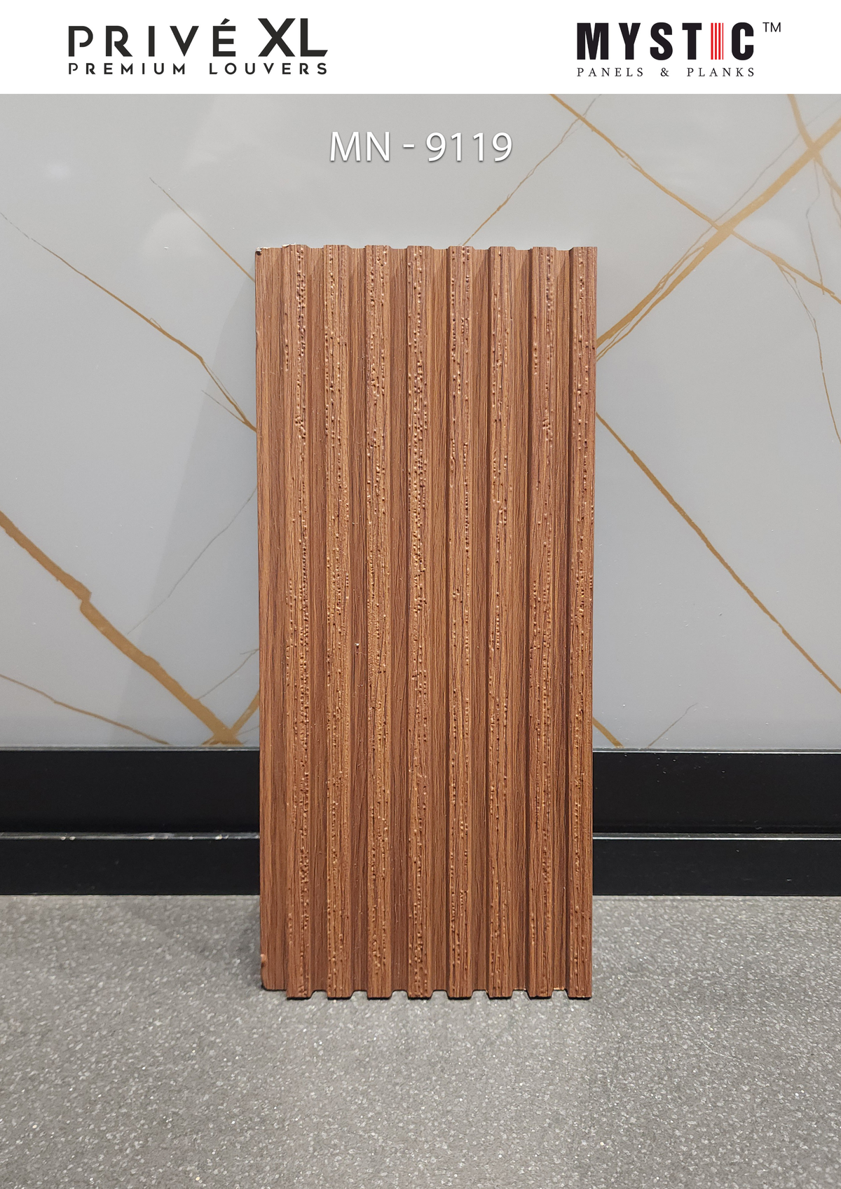 Reddish brown narrow-flute textured wood louver, Mystic MN-9119
