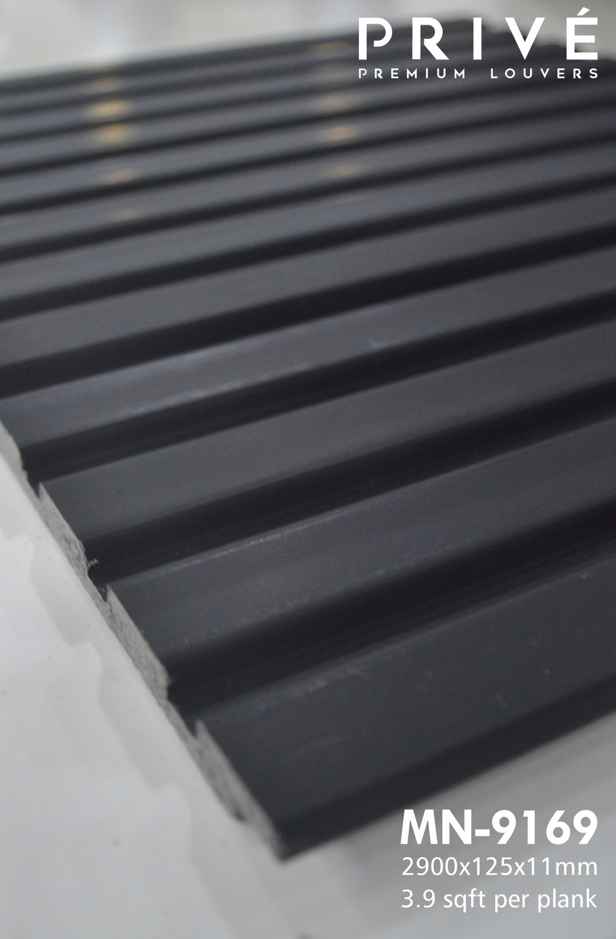Angled view of black fluted louver planks, Mystic Prive MN-9169
