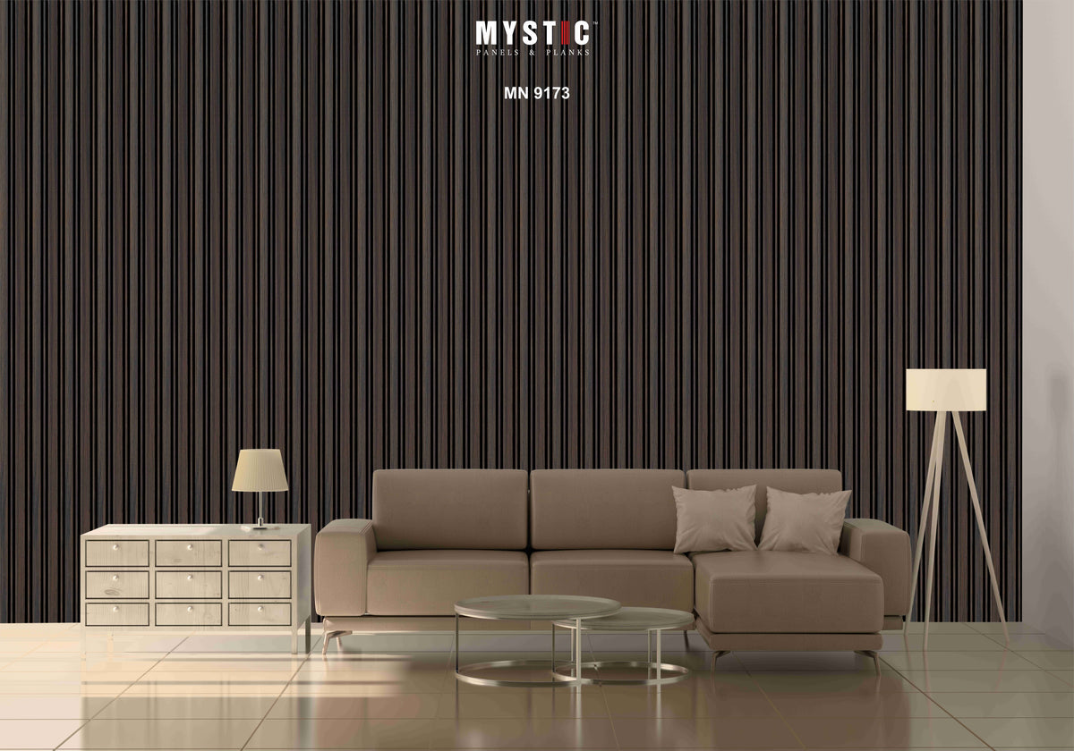 Dark walnut brown wood-grain louver sample, Mystic Prive MN 9173