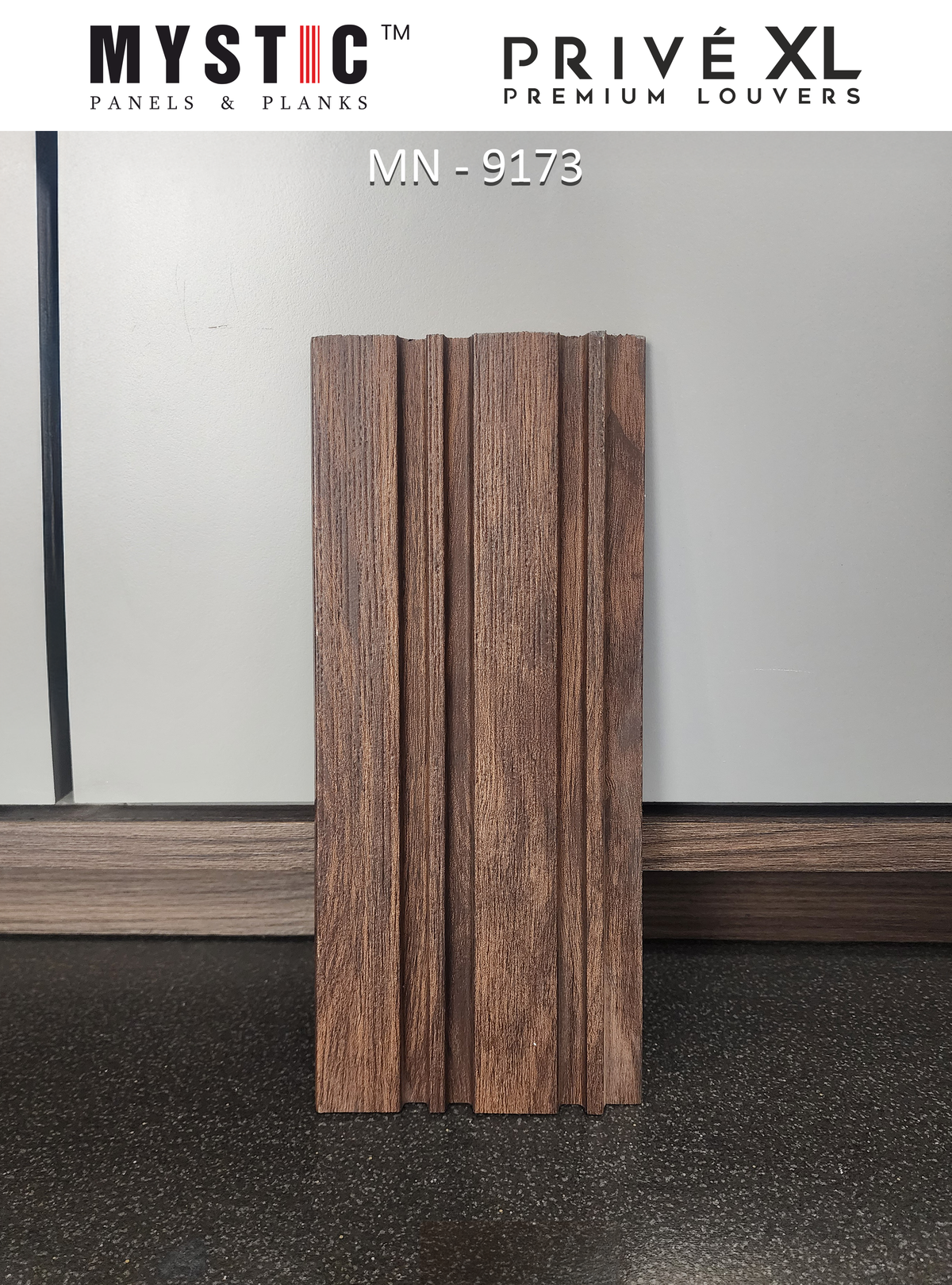 Dark walnut brown wood-grain louver sample, Mystic Prive MN 9173