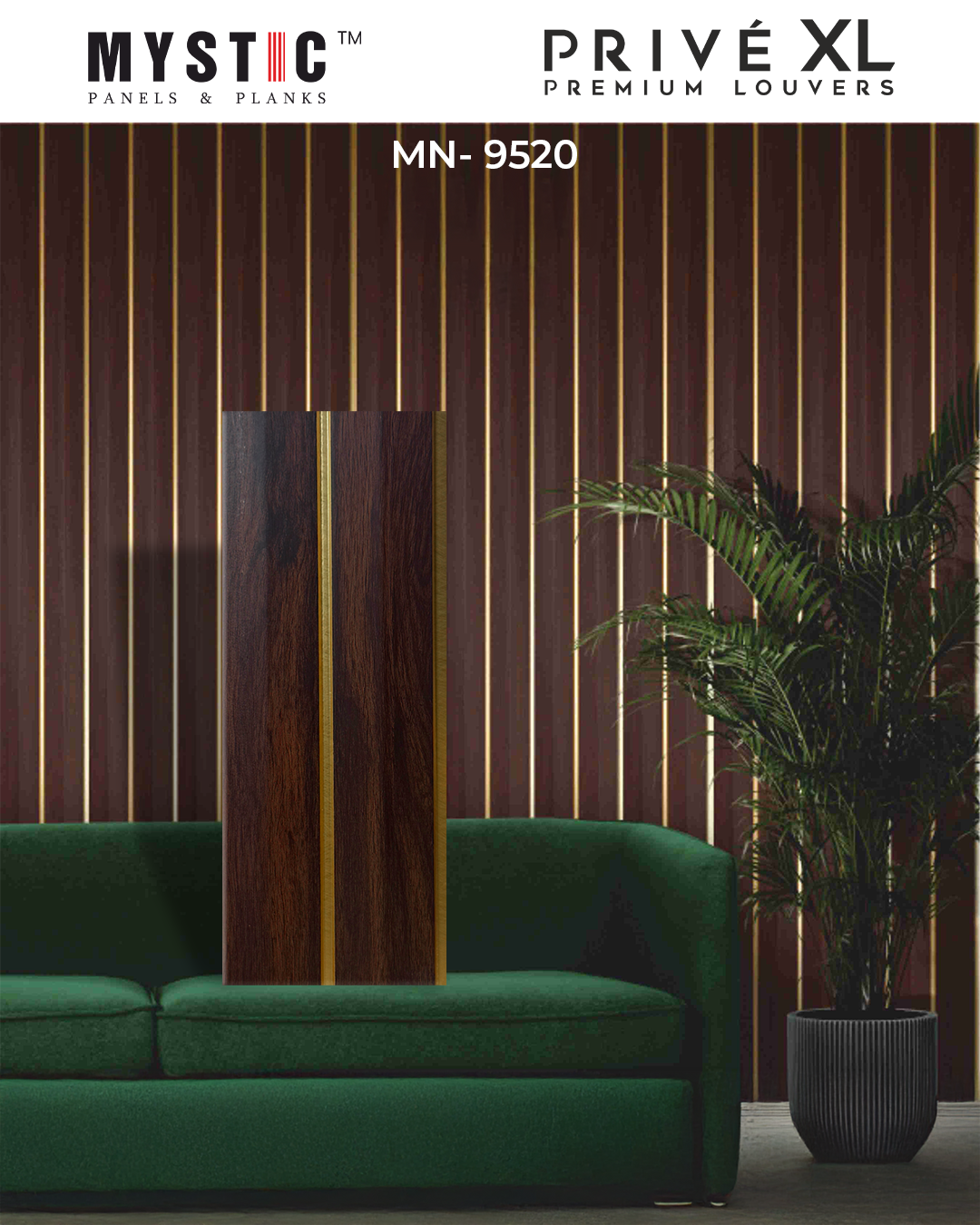Dark maroon-brown wood-grain louver wall with gold strips, Mystic MN 9520