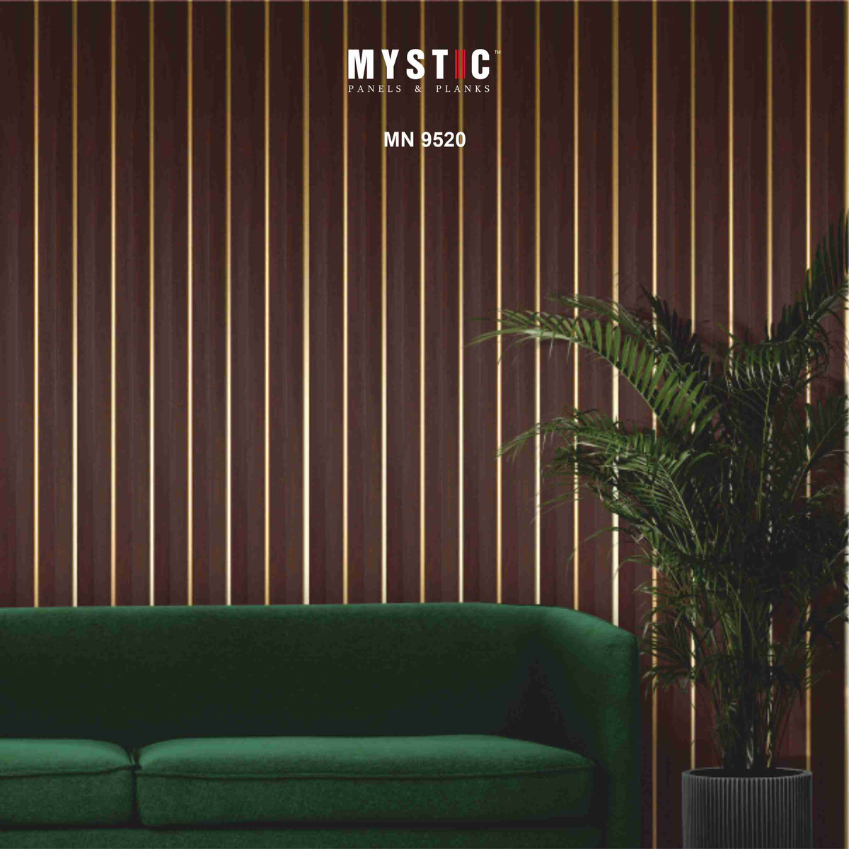 Dark maroon-brown wood-grain louver wall with gold strips, Mystic MN 9520