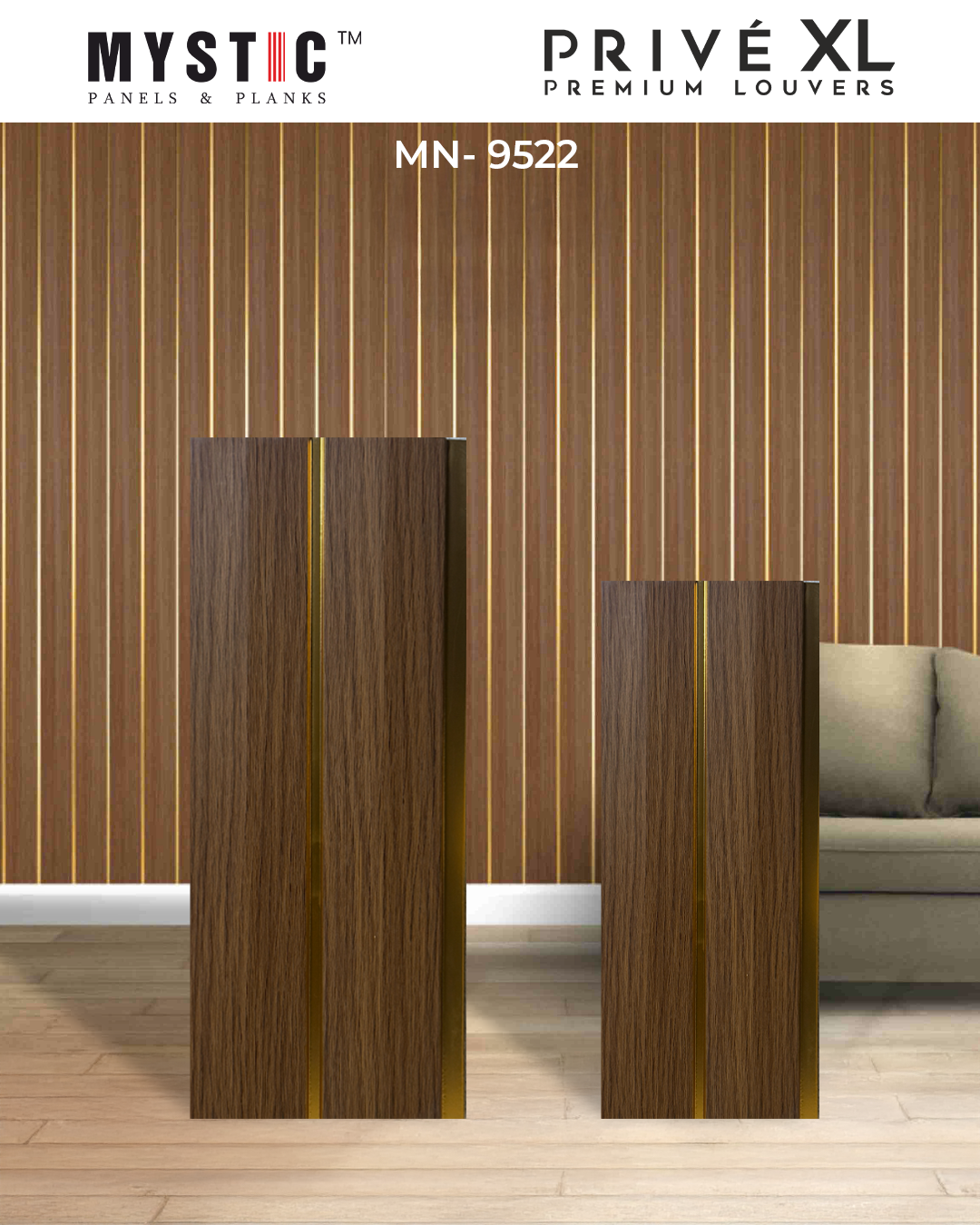 Teak brown wood-grain louver wall with gold inlay strips, Mystic MN 9522