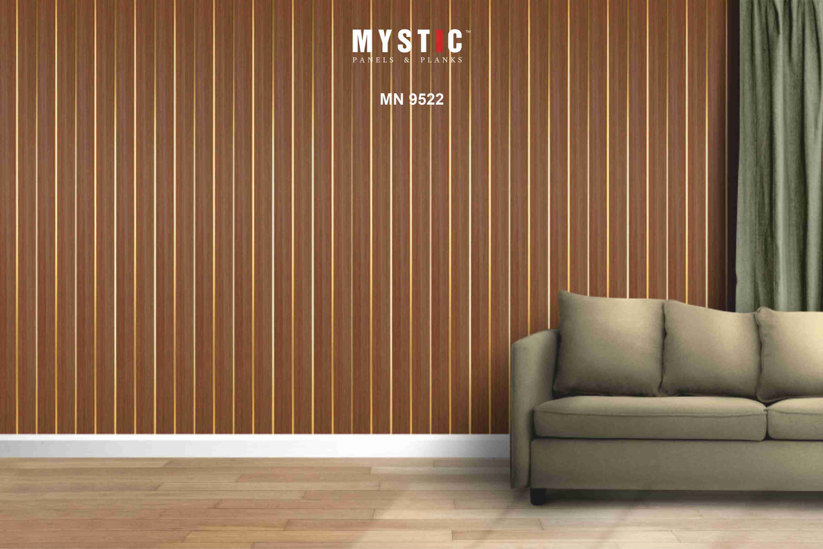 Teak brown wood-grain louver wall with gold inlay strips, Mystic MN 9522