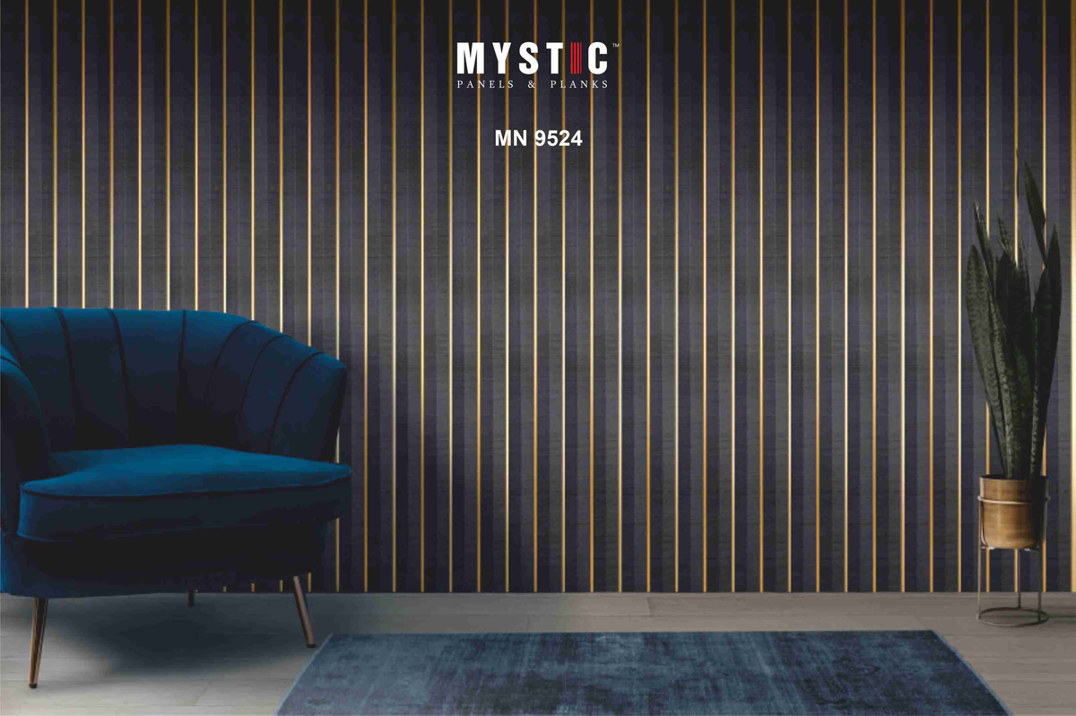 Navy charcoal wood-grain louver wall with gold inlay strips, Mystic MN 9524