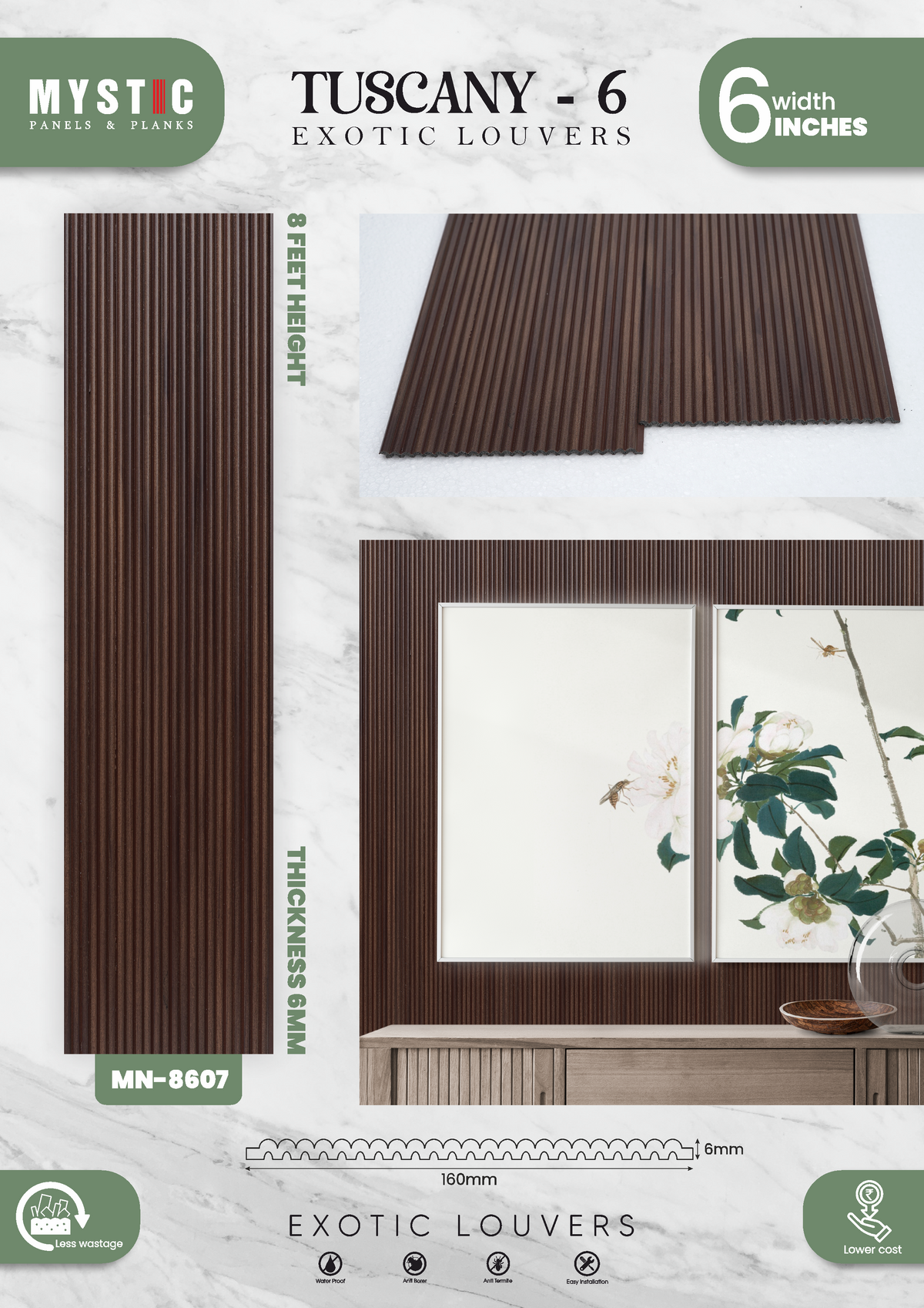 Dark brown wood-grain fluted louver, Mystic MN-8607
