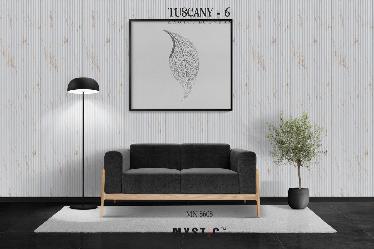Fluted white marble louver with rust veins, Mystic MN 8608