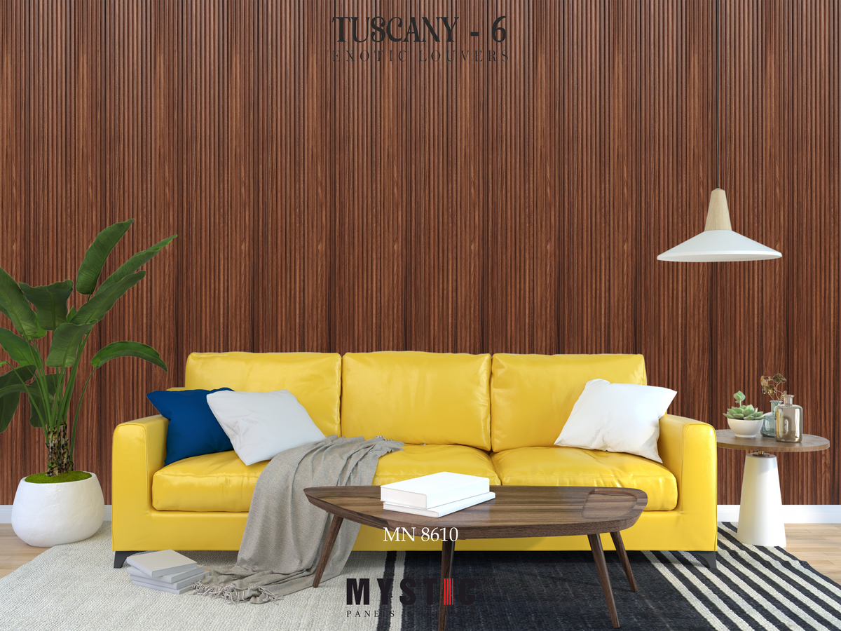 Fluted walnut-brown wood-grain louver, Mystic MN 8610