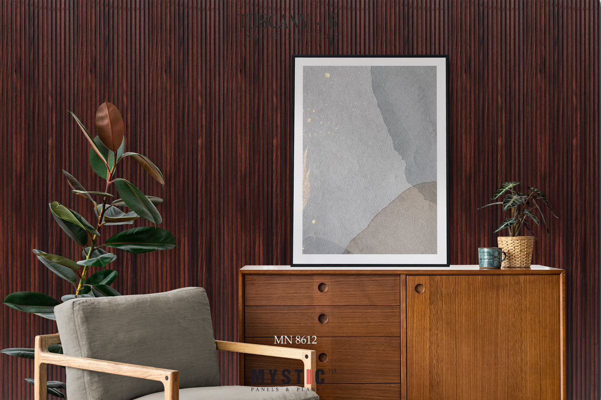 Fine fluted reddish-brown burl wood-grain louver panel, Mystic MN 8612