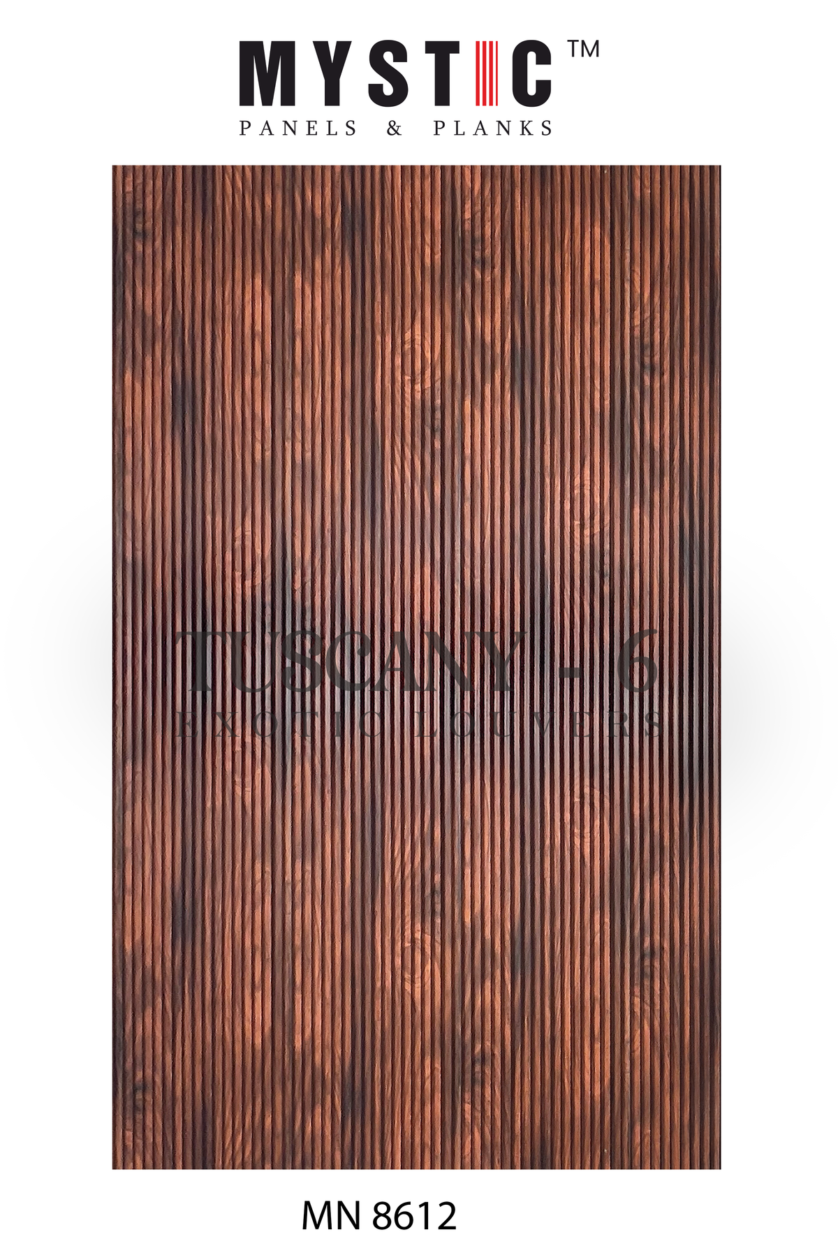 Fine fluted reddish-brown burl wood-grain louver panel, Mystic MN 8612