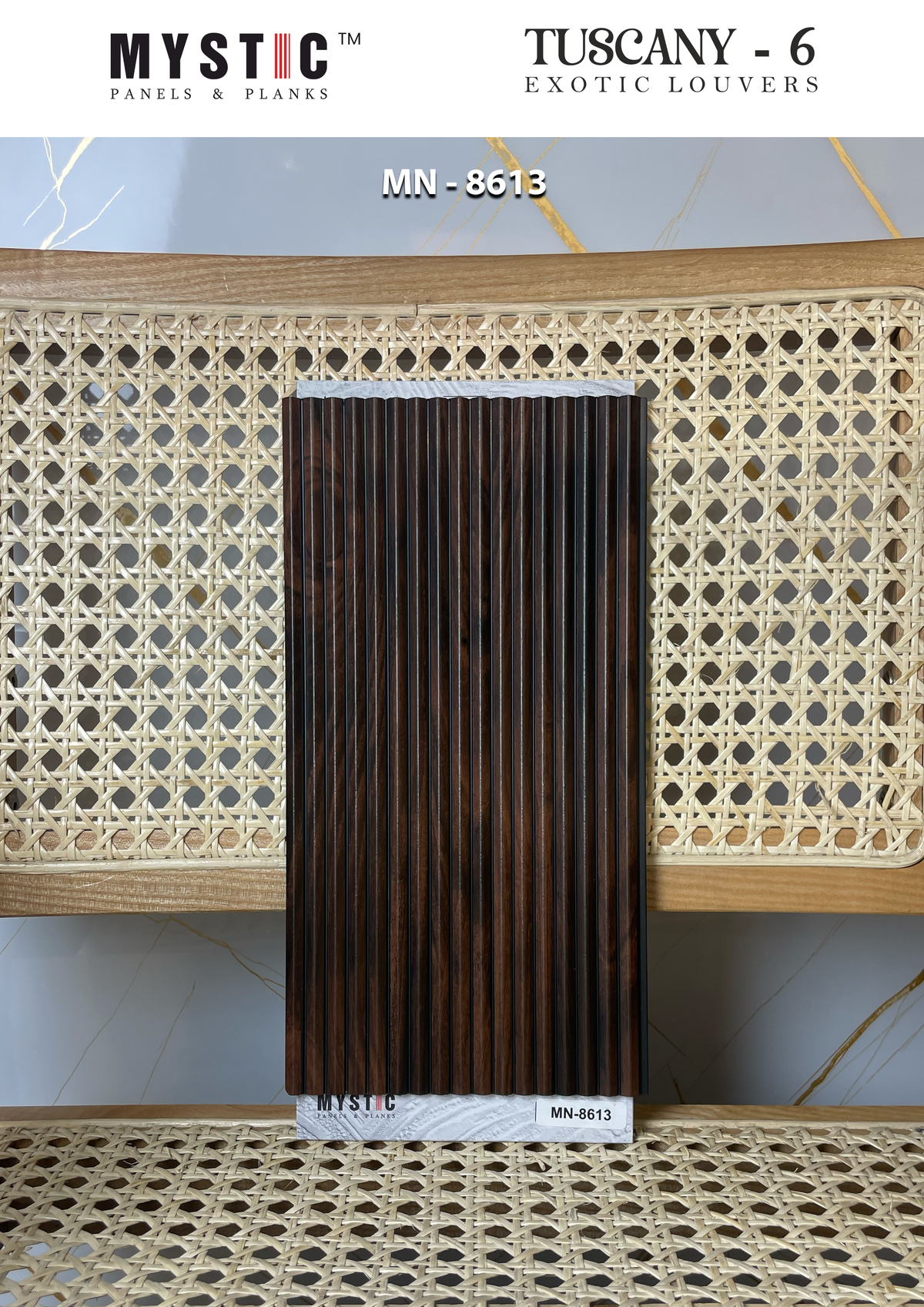 Dark walnut wood-grain fluted louver, Mystic MN-8613