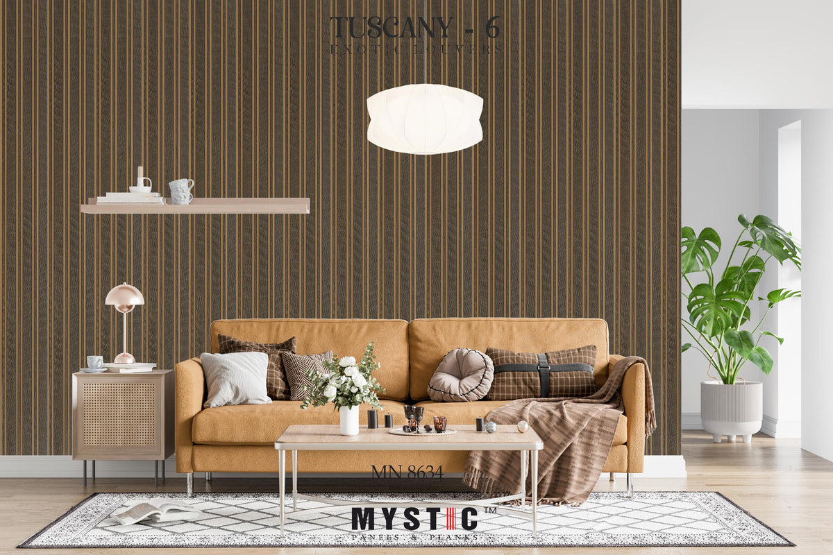 Dark brown woven-texture fluted louver with gold strips, Mystic MN-8634
