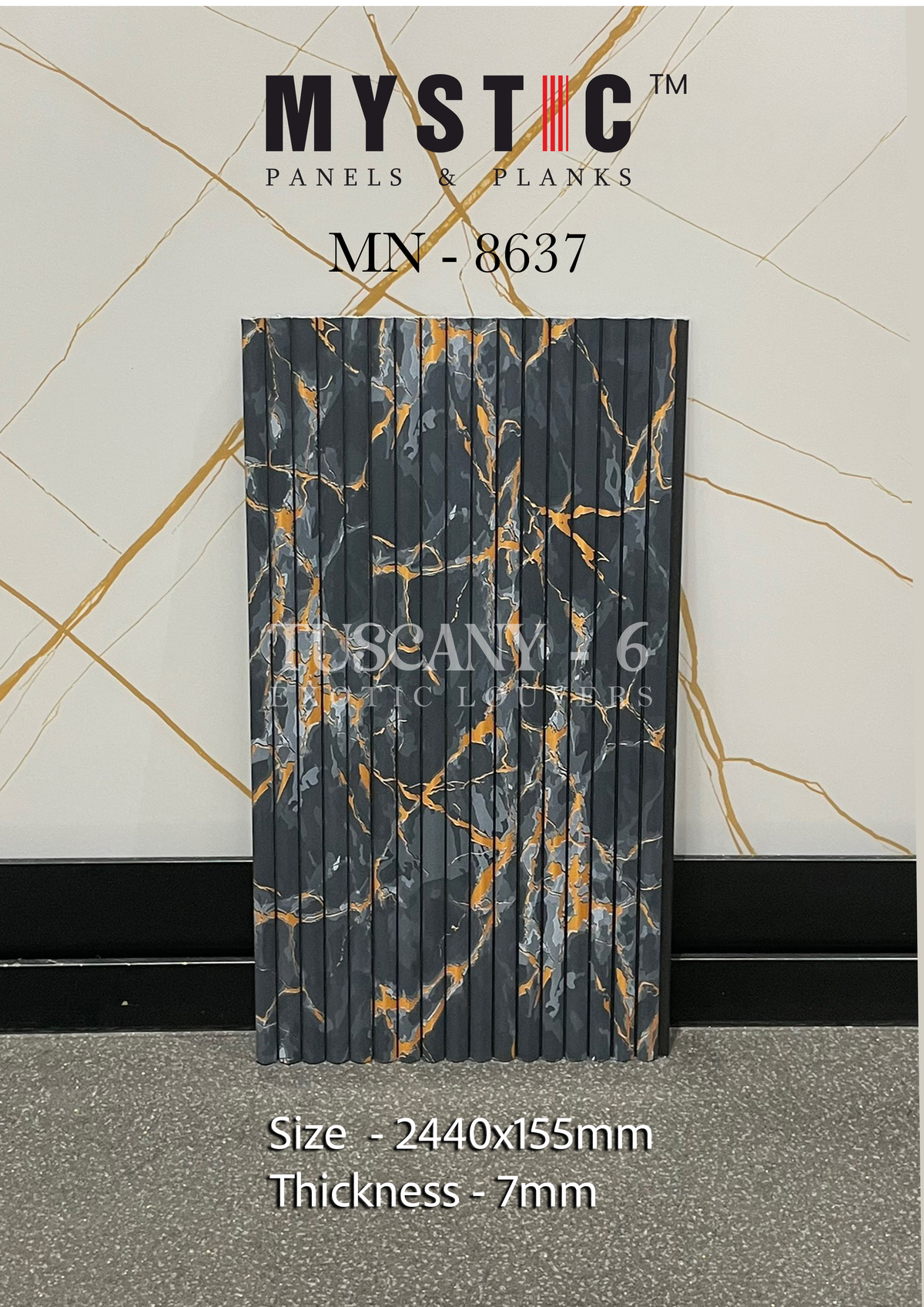 Black marble-look fluted louver with gold veins, Mystic MN-8637
