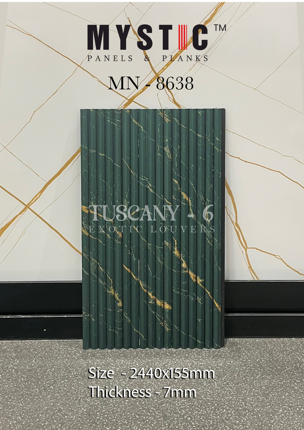 Green marble-look fluted louver with gold veins, Mystic MN-8638