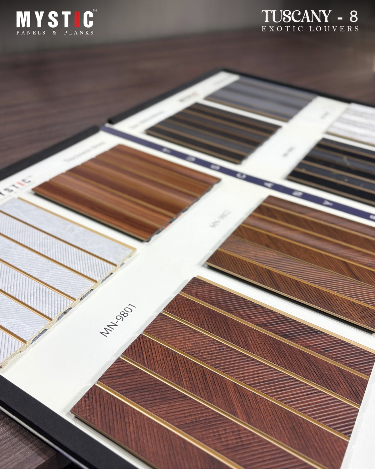 Medium brown herringbone-ribbed wood-look louver with gold strips, Mystic MN-9802