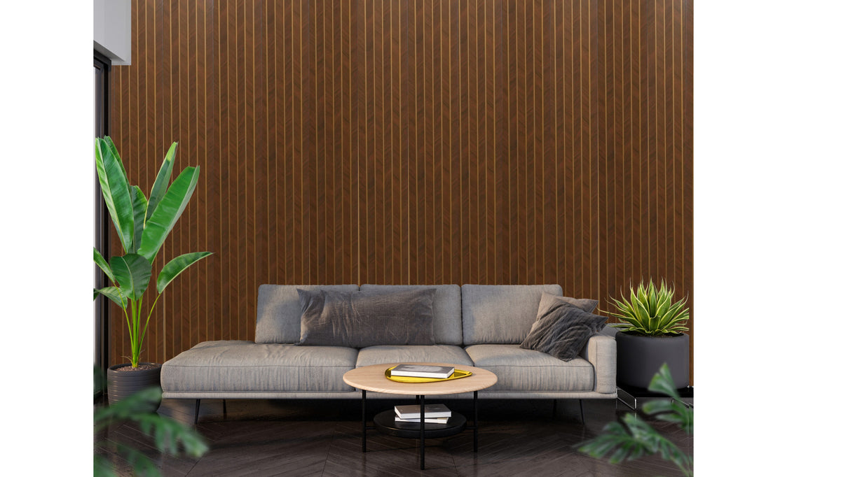 Medium brown herringbone-ribbed wood-look louver with gold strips, Mystic MN-9802