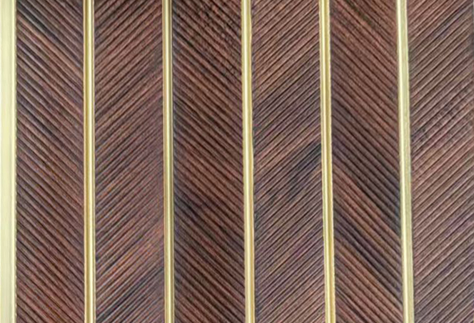Dark brown wood-look louver with diagonal ridges and gold strips, MN-9803