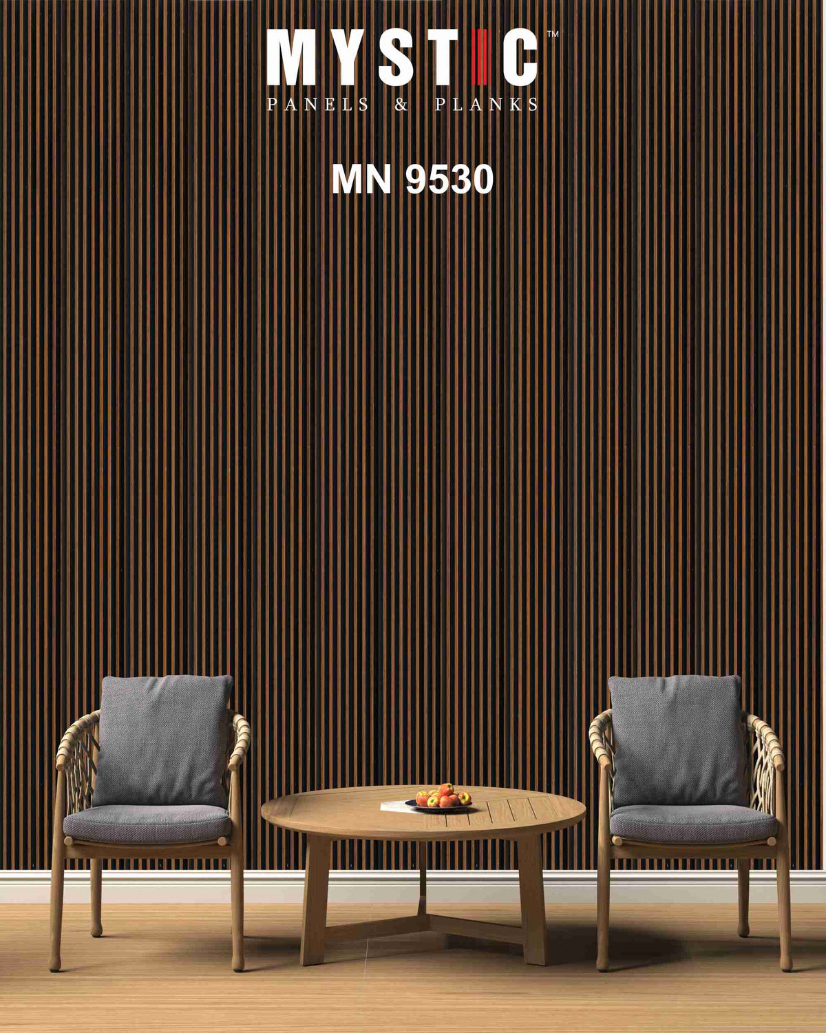 Brown wood slat louver on black base, Walluxe MN-9530