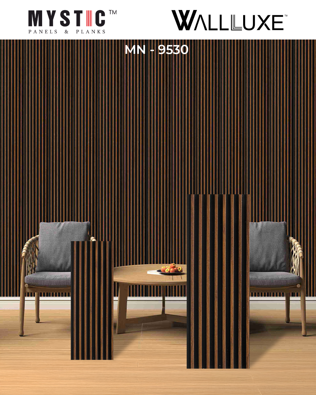 Brown wood slat louver on black base, Walluxe MN-9530