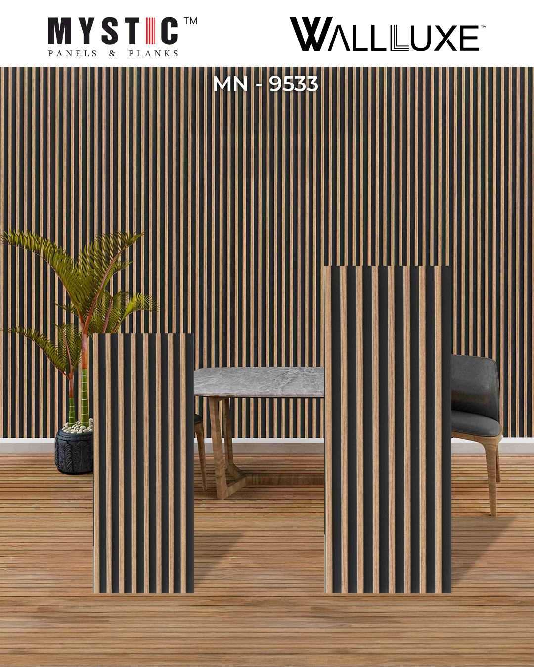 Light wood slat louver on black base, Walluxe MN-9533