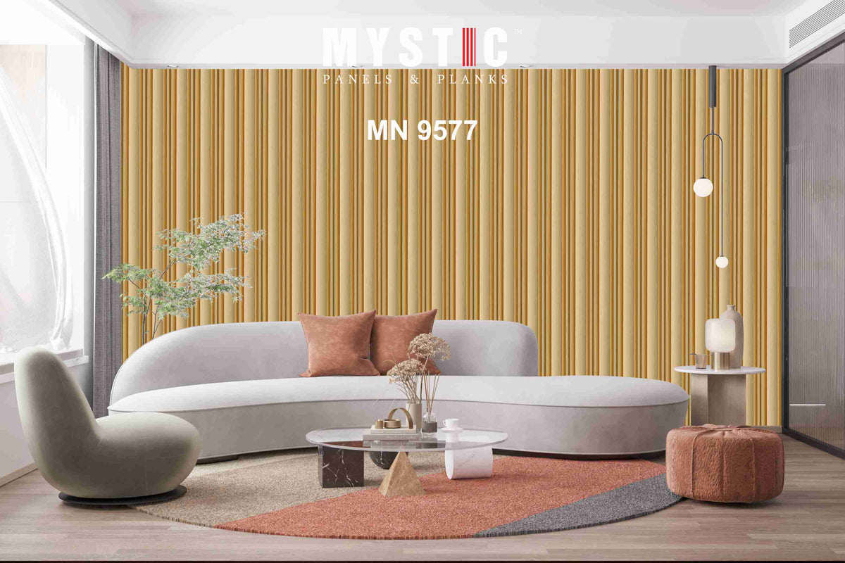 Beige wood-grain louver with gold grooves, Mystic Walluxe MN-9577