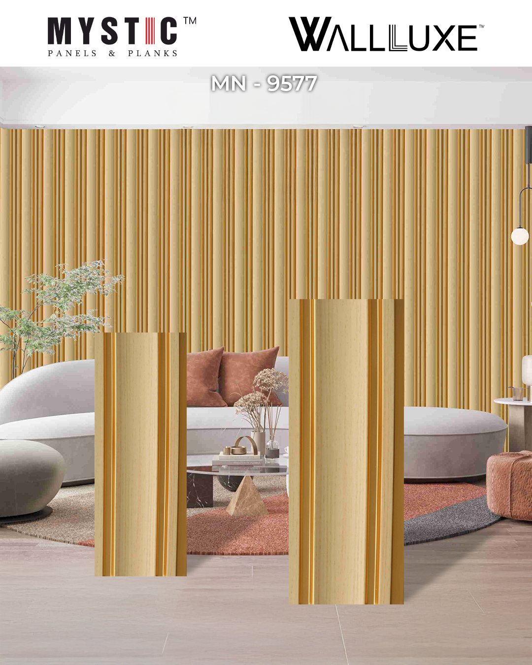 Beige wood-grain louver with gold grooves, Mystic Walluxe MN-9577