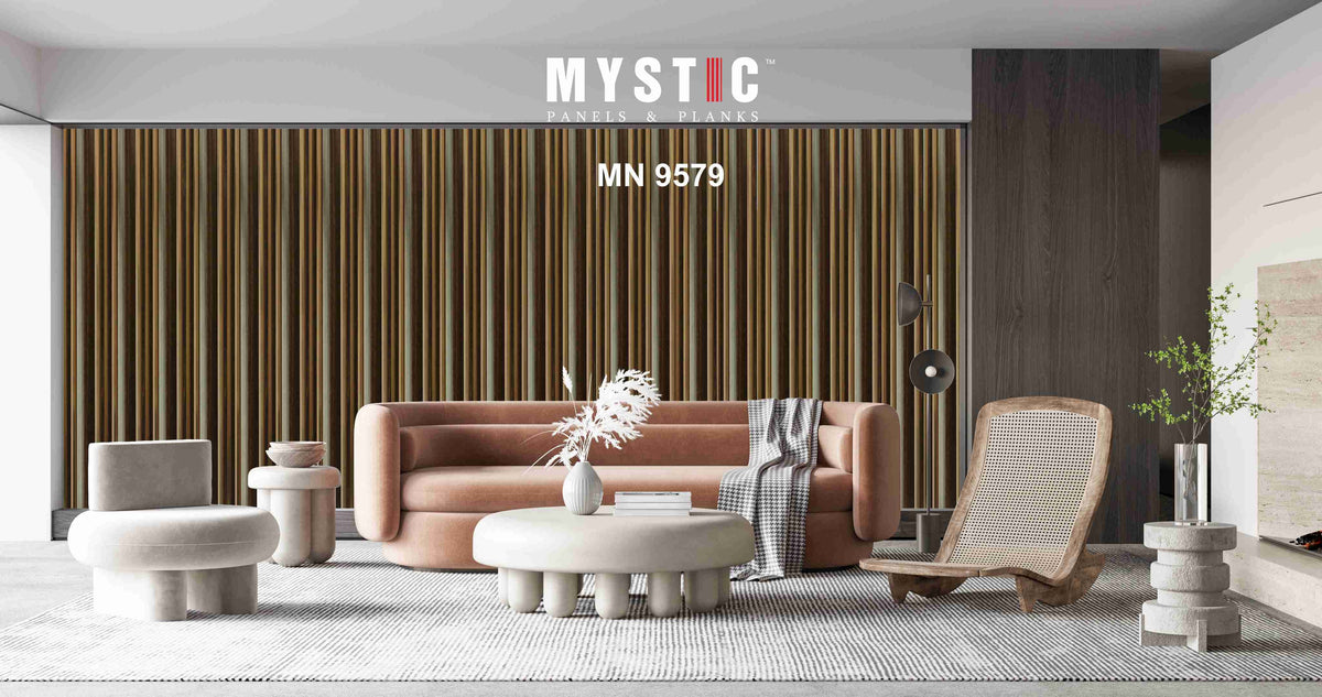 Dark brown wood louver with gold strips, Mystic Walluxe MN-9579