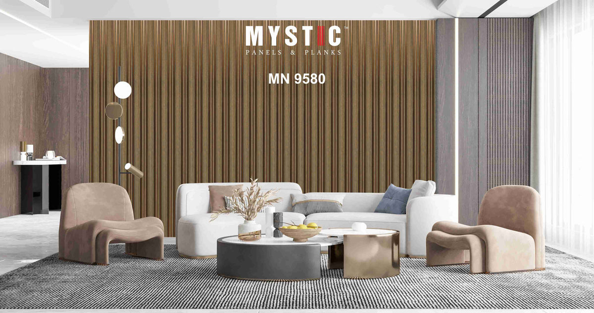 Grey-brown wood grain louver sample with bronze grooves, MN-9580