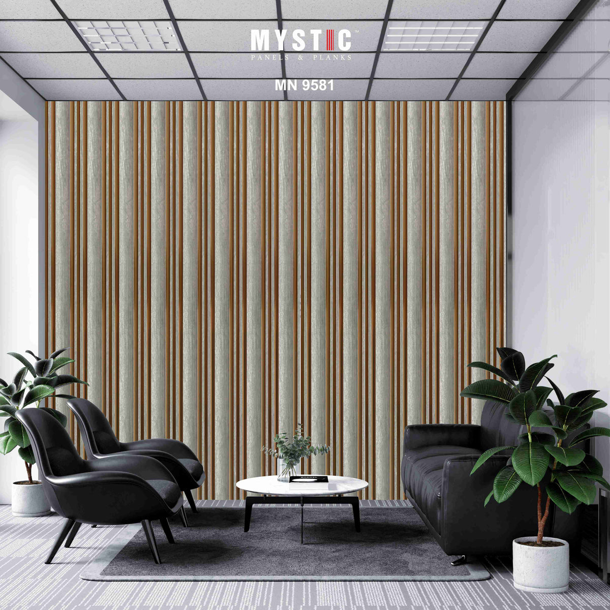 Grey distressed wood louver with gold strips, Mystic Walluxe MN-9581