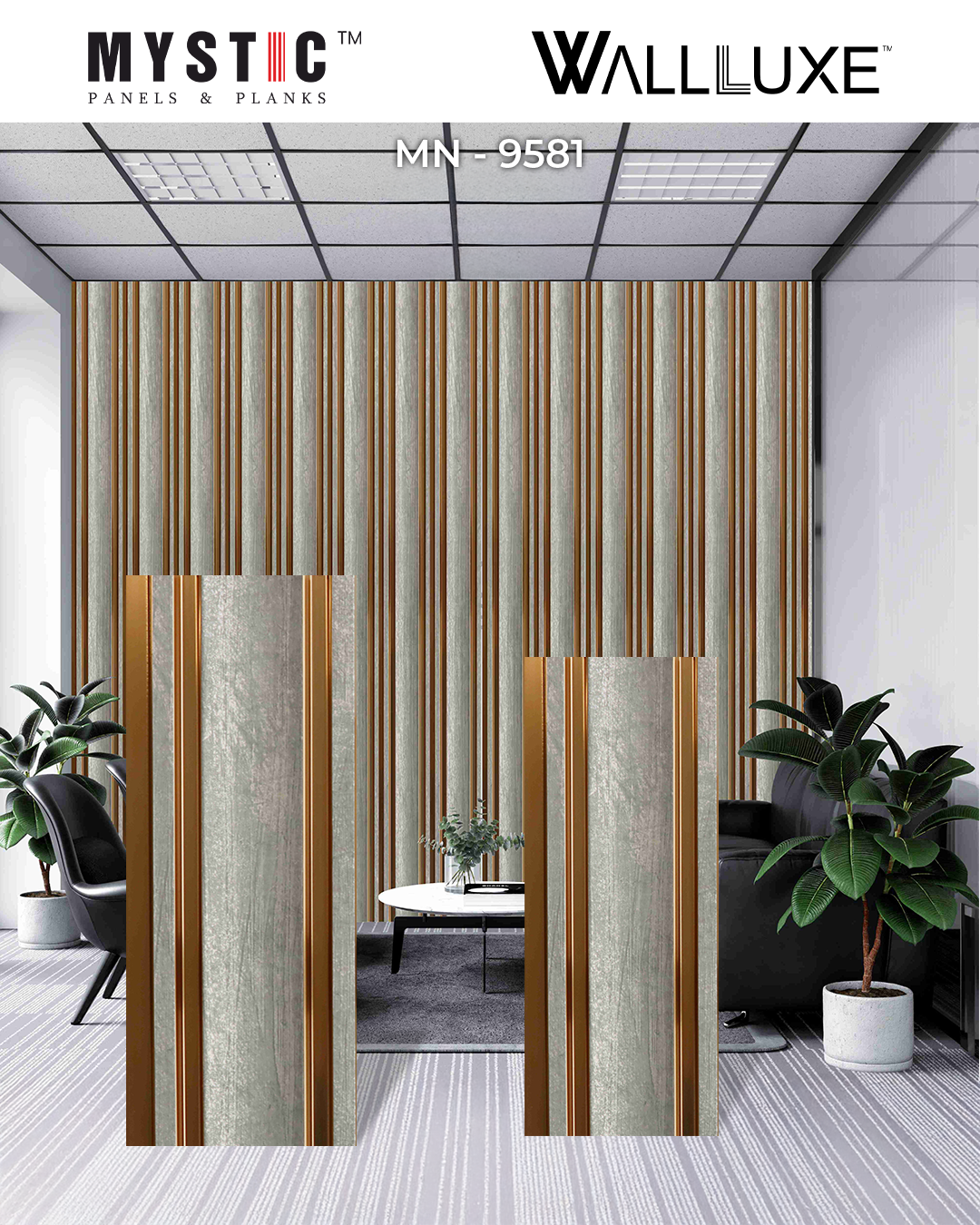 Grey distressed wood louver with gold strips, Mystic Walluxe MN-9581