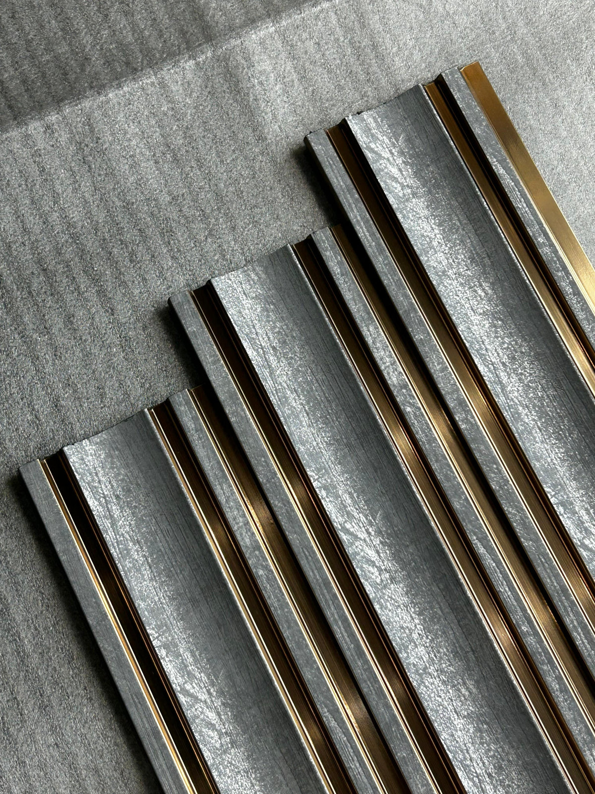 Grey distressed wood louver with gold strips, Mystic Walluxe MN-9581