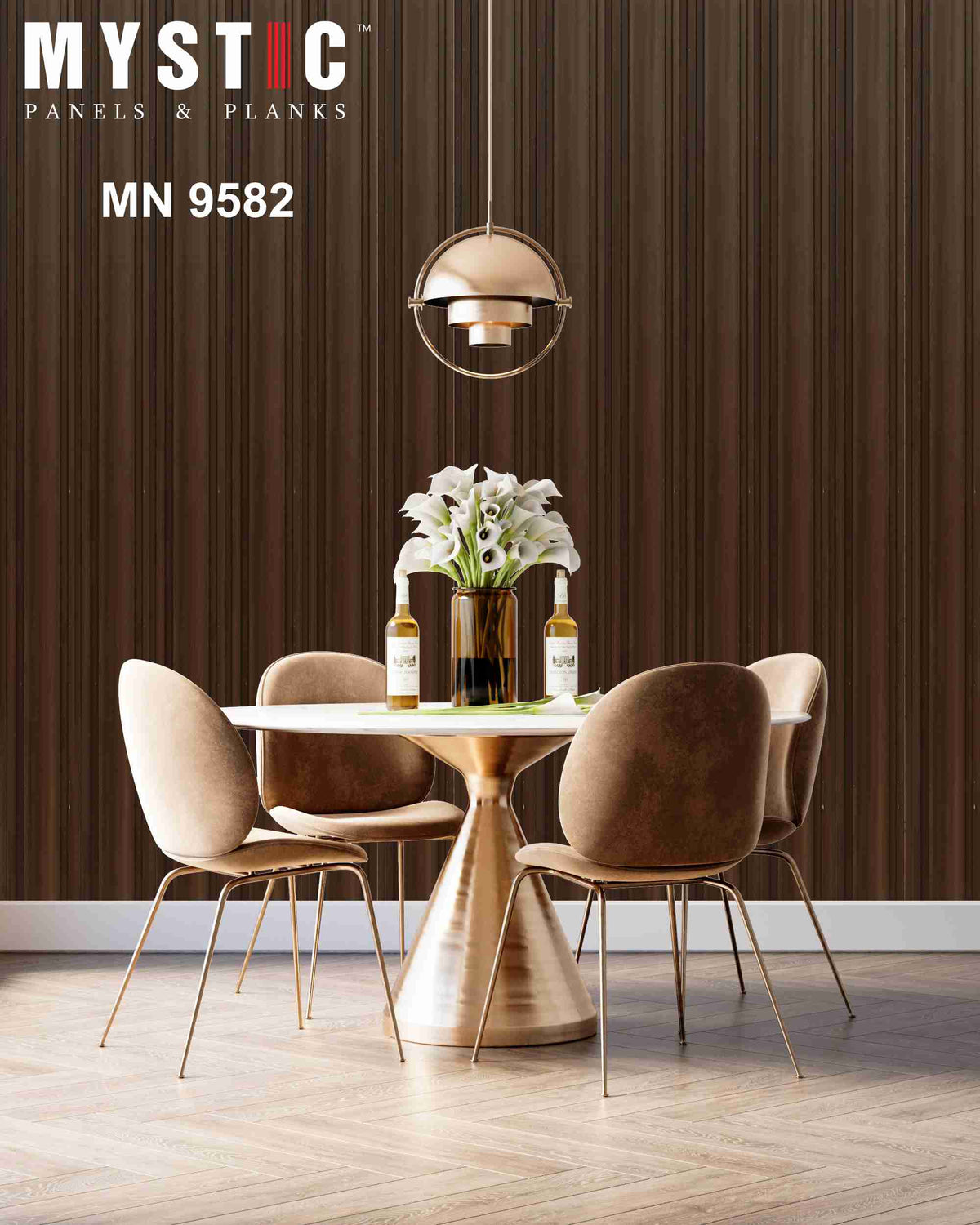 Angled view of dark brown wood-grain fluted louvers, MN 9582