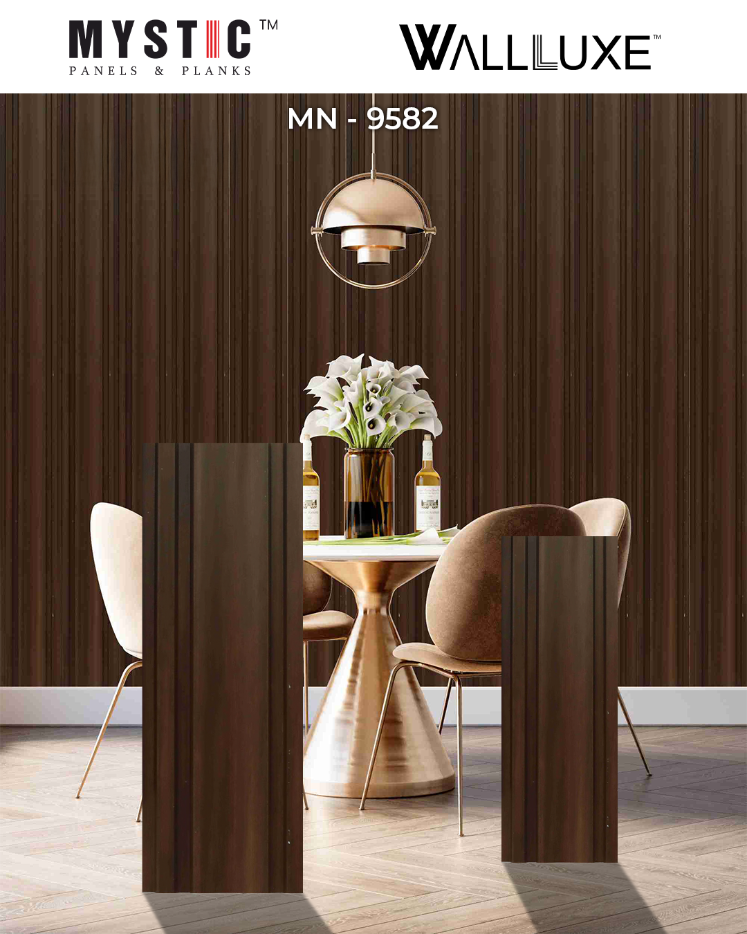 Angled view of dark brown wood-grain fluted louvers, MN 9582