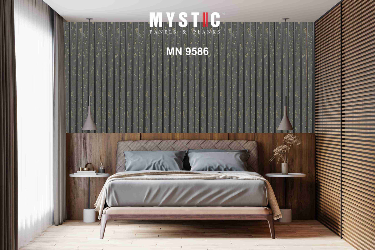 Angled view of grey cork-texture louvers with gold flecks, MN 9586
