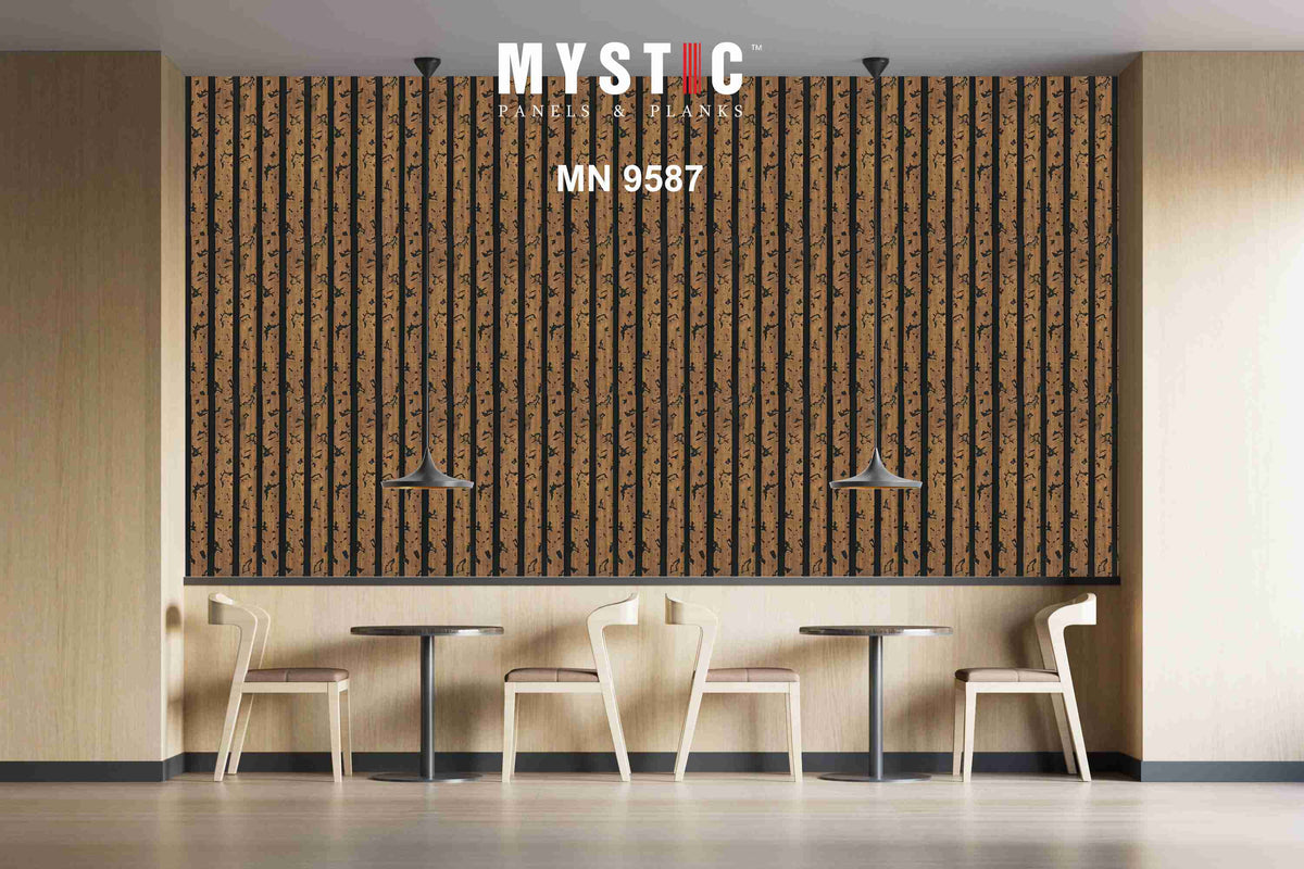 Brown distressed wood louver sample with black grooves, MN-9587