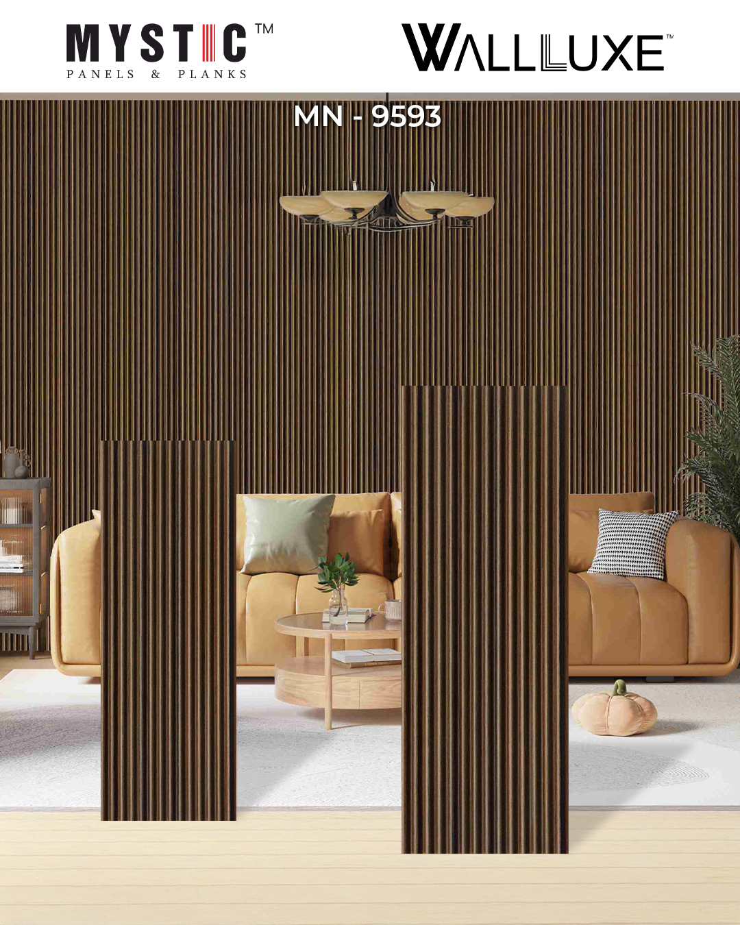 Angled view of fluted louvers in dark walnut brown wood grain, code 9593