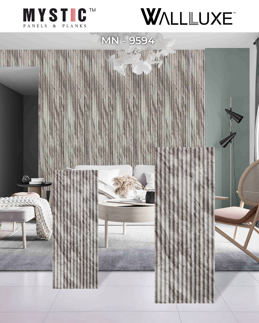 Angled view of fluted louvers in grey and white stone print, code 9594