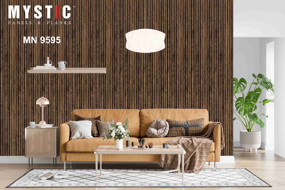 Fluted louvers in brown wood grain with dark streaks, code 9595