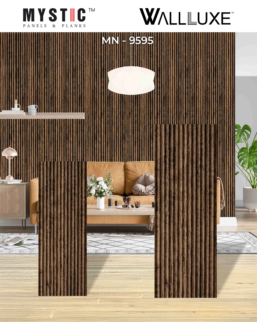 Fluted louvers in brown wood grain with dark streaks, code 9595