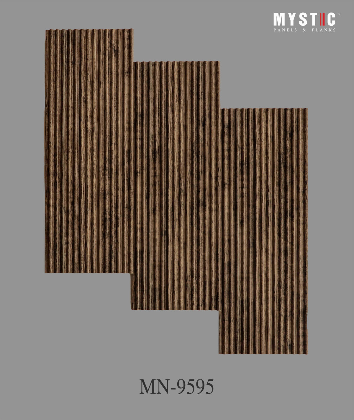 Fluted louvers in brown wood grain with dark streaks, code 9595