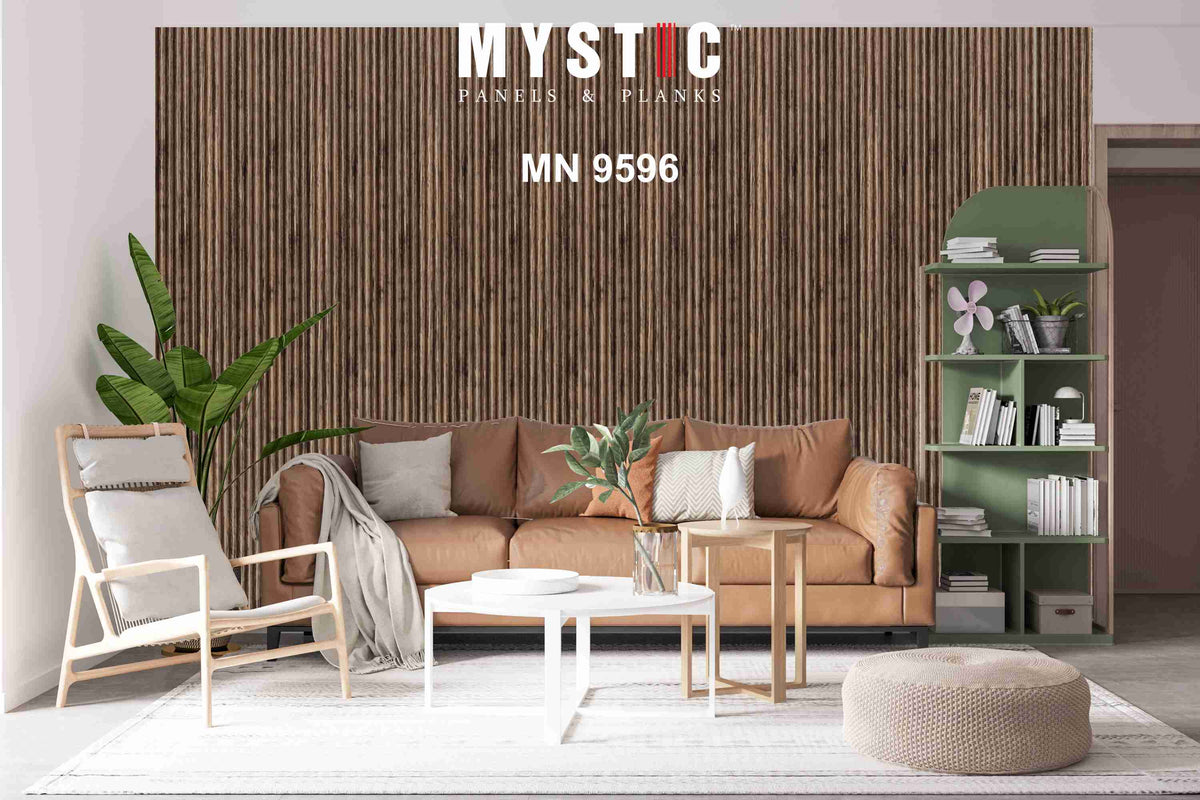 Rustic brown wood-grain fluted louver sample, MN-9596