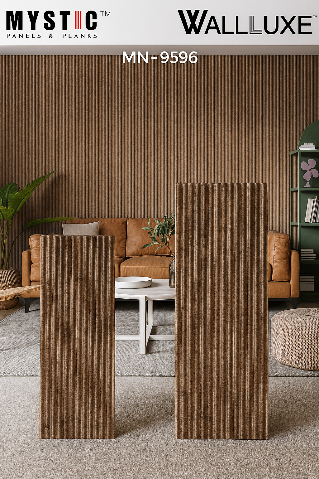 Rustic brown wood-grain fluted louver sample, MN-9596