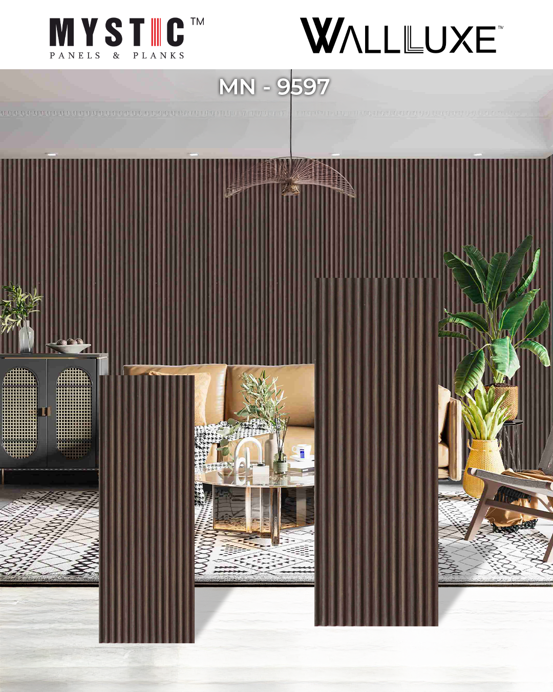 Angled view of fluted louvers in dark taupe brown wood grain, code 9597