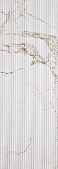 White marble wall panel with textured finish and gold veining, showing vertical ridges and marble pattern.