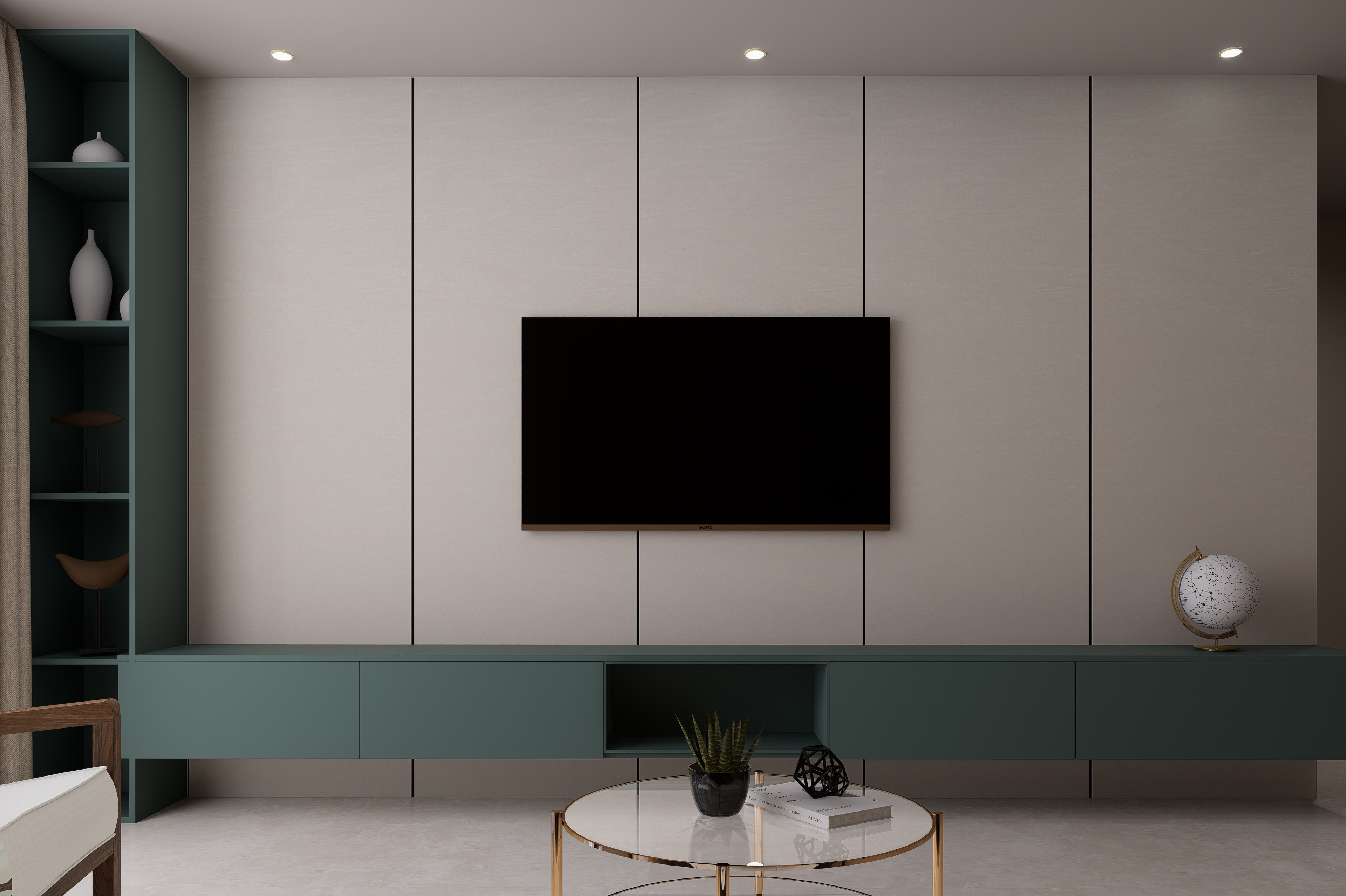 Cream solid colour laminate wall panels with matte finish in a modern living room setting with minimalist decor.