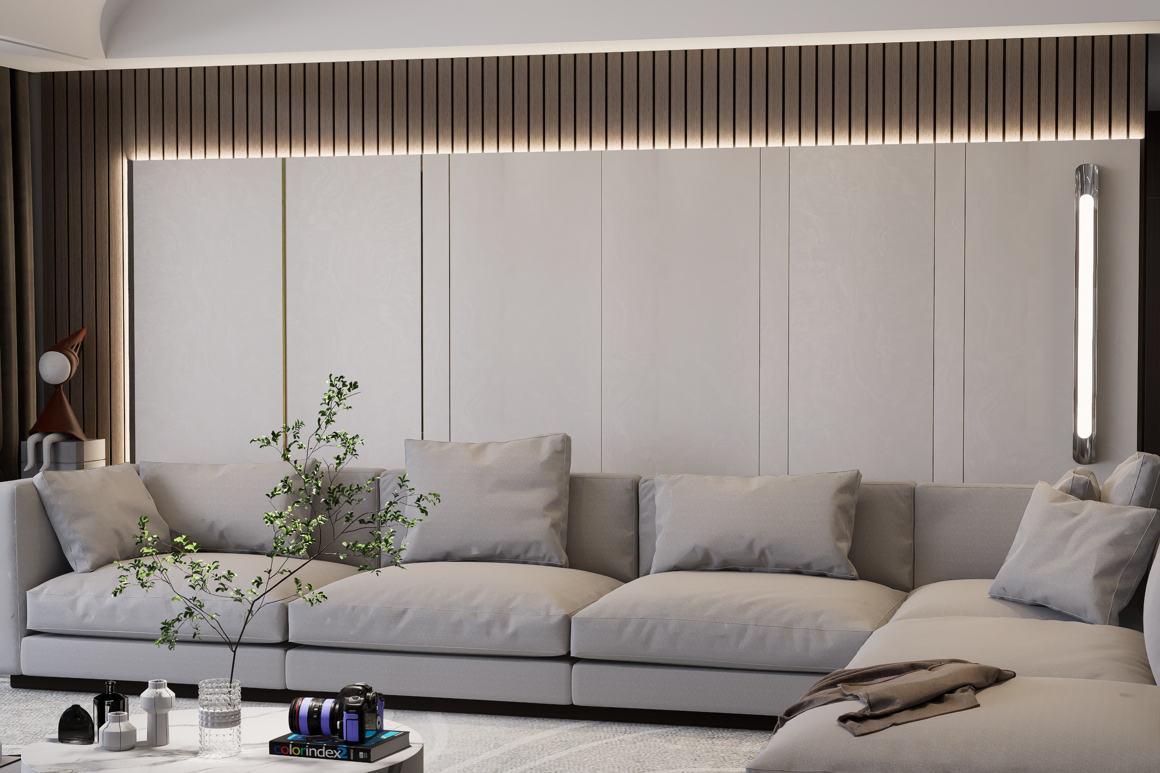 Beige matte laminate wall panels with subtle texture in a modern living room setting with minimalist decor